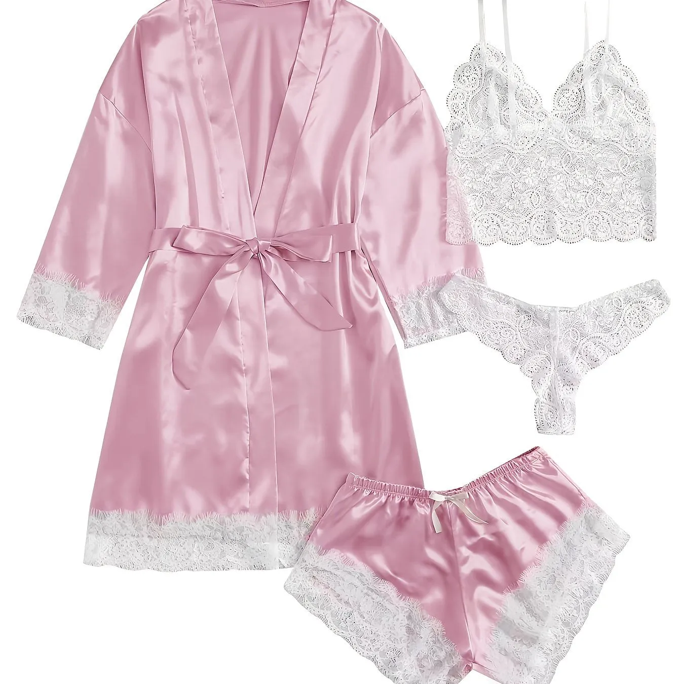 Women's 4 Pieces Comfortable Satin Floral Lace Cami Top Lingerie Pajama Set With Robe