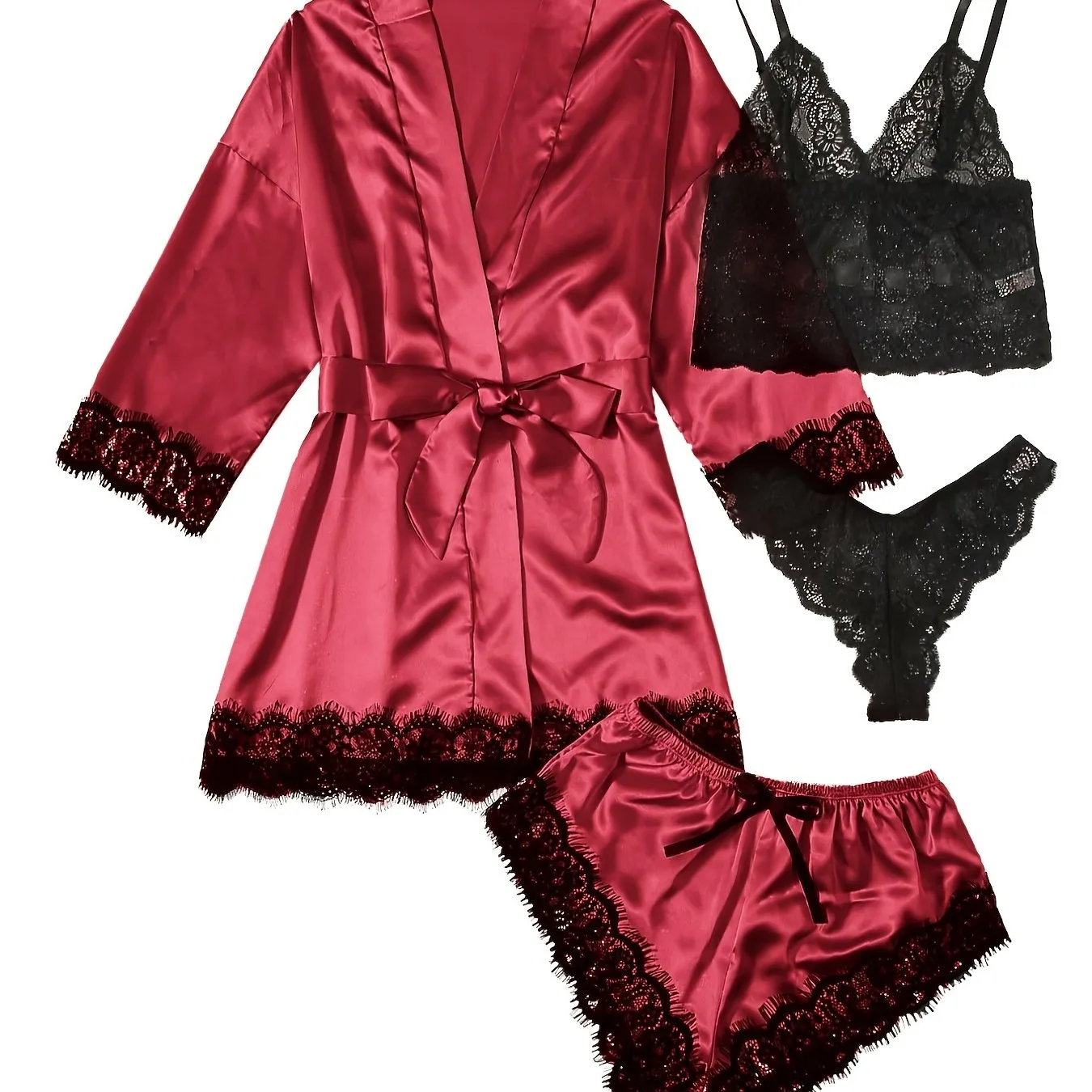 Women's 4 Pieces Comfortable Satin Floral Lace Cami Top Lingerie Pajama Set With Robe